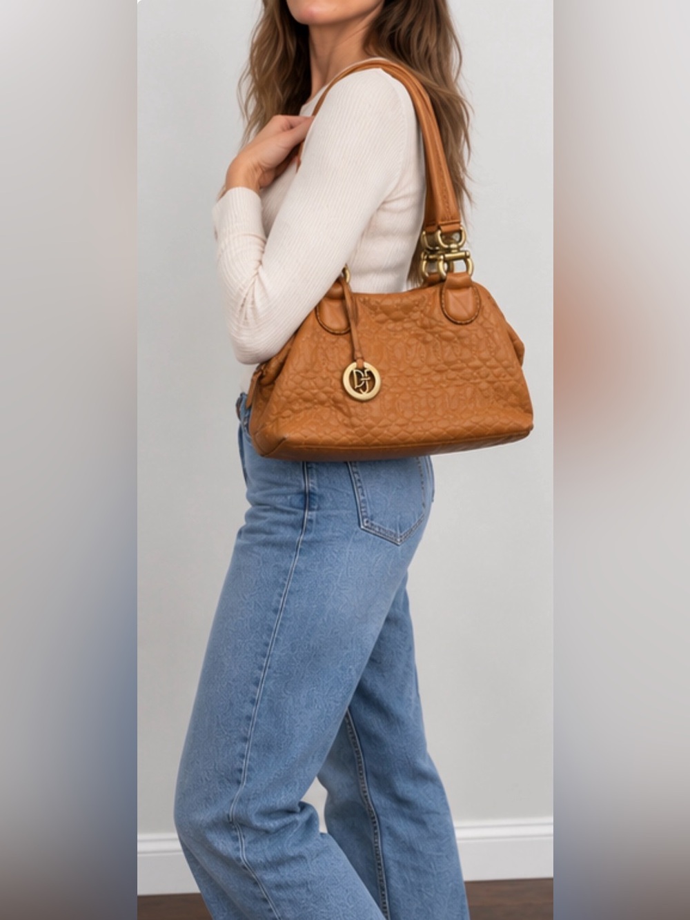 Donald J Pliner Quilted Leather Shoulder Bag Cognac Brown
